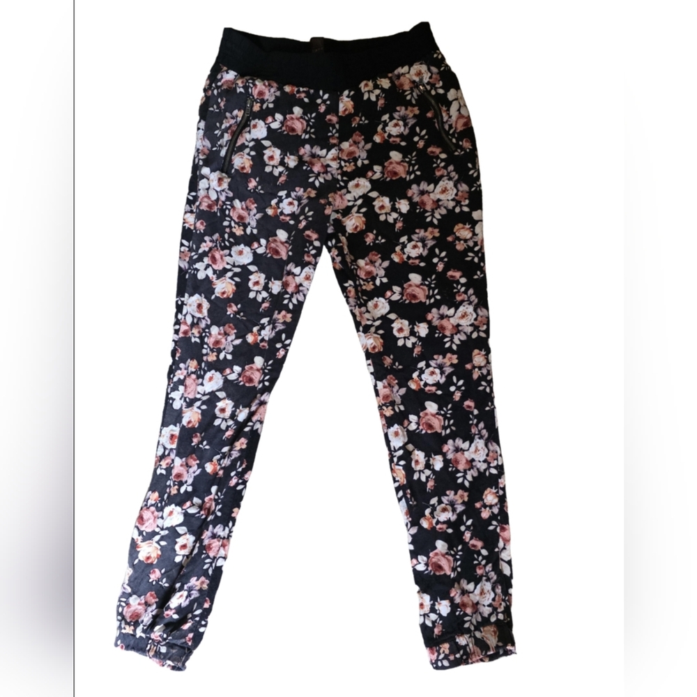 BONGO Black Floral Print Joggers Zippered Pocket Ribbed Waistband Size M